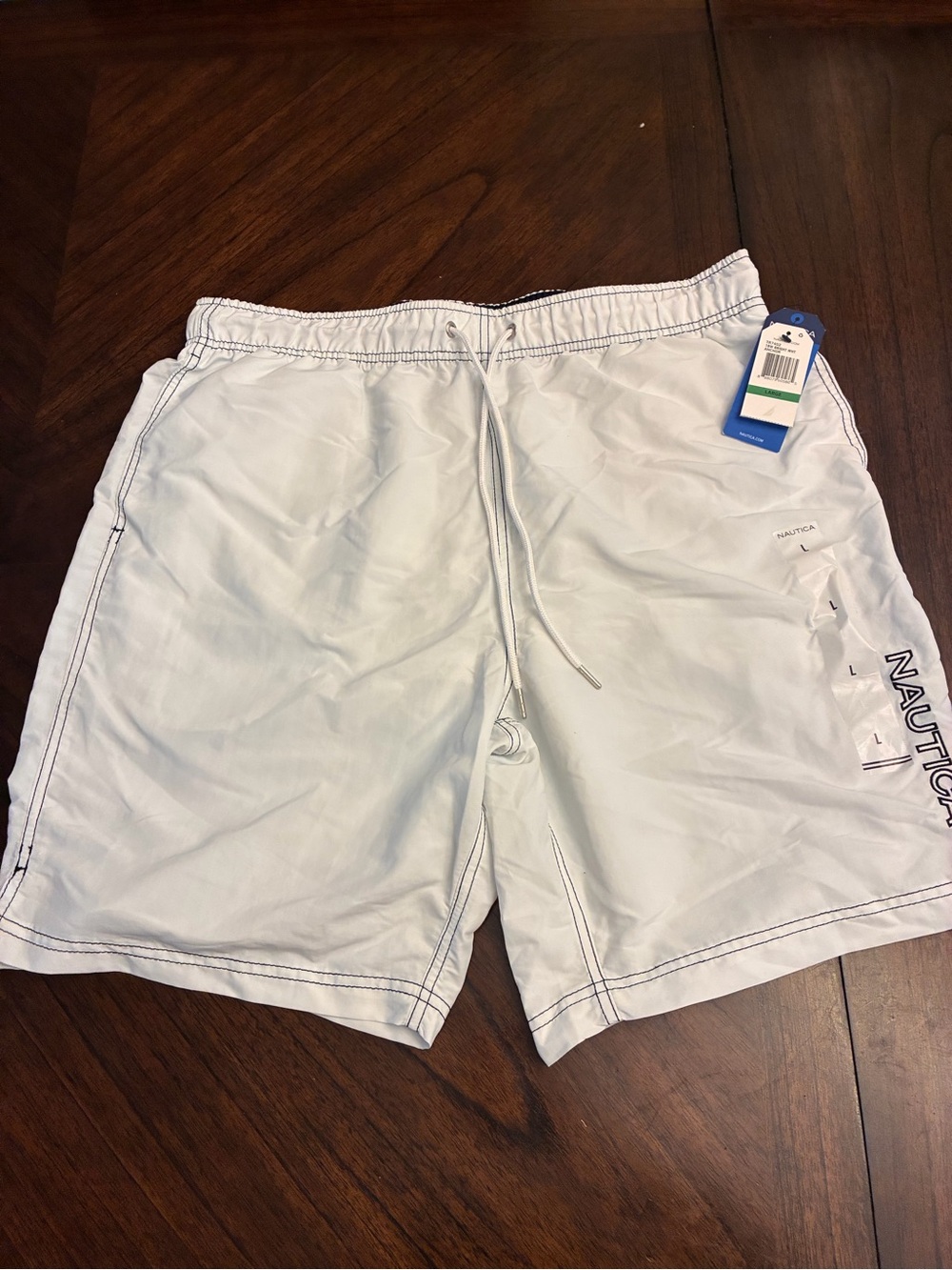 Nautica Mens Quick-Dry Logo Swim Trunk Shorts, White, Large New
